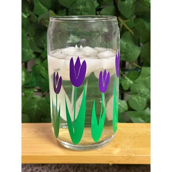 Pink Tulips Flower Color Changing Glass Can with Bamboo Lid and Glass Straw 16oz - Picture 2 of 2